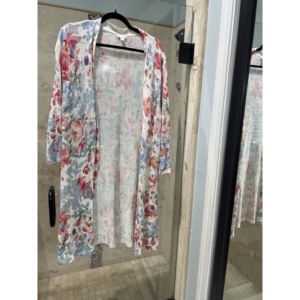 J. Jill Floral Duster Sweater Cardigan Long Linen Blend White Blue Pink L
